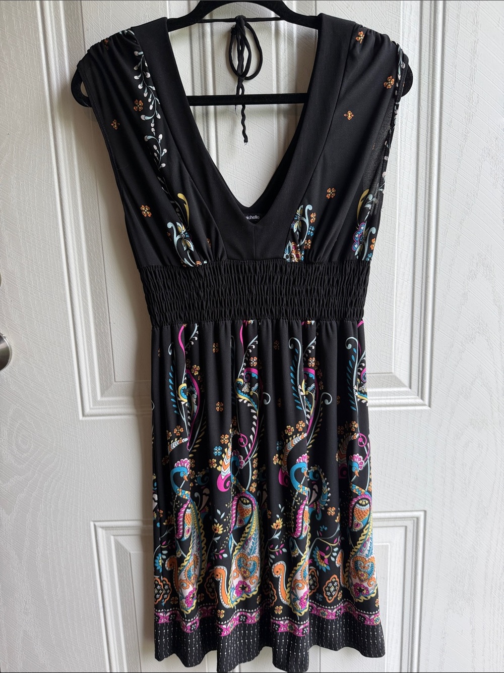 Y2K Paisley Empire Waist Mini Dress Black Fairy Boho Festival Dress Size L